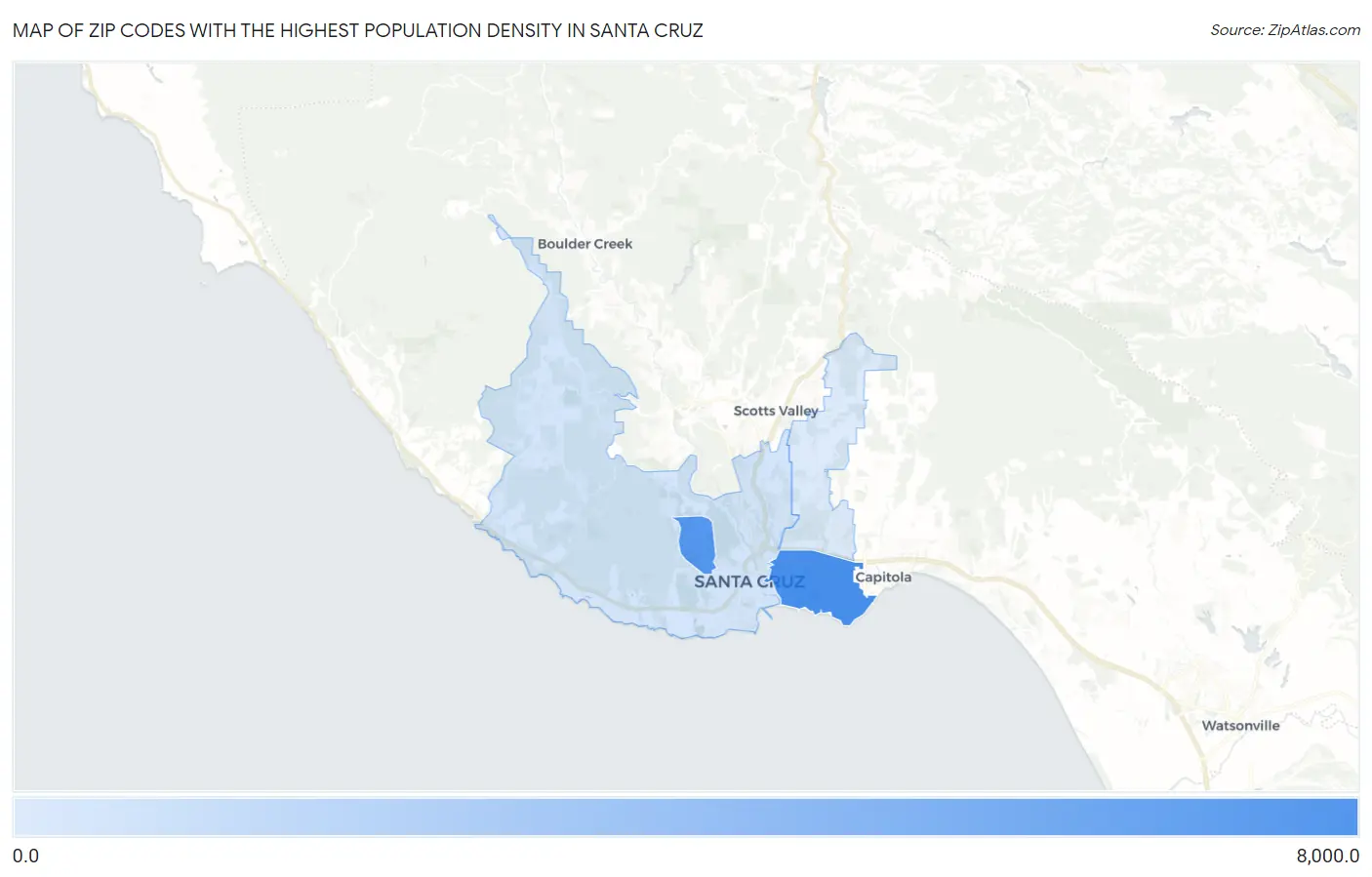 Zip Codes with the Highest Population Density in Santa Cruz Map