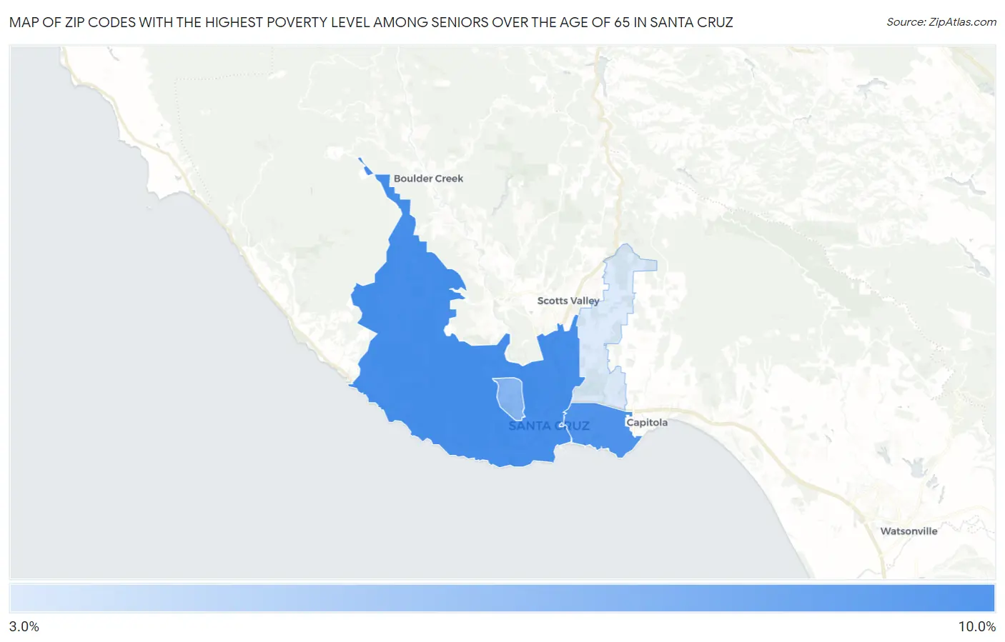 Zip Codes with the Highest Poverty Level Among Seniors Over the Age of 65 in Santa Cruz Map