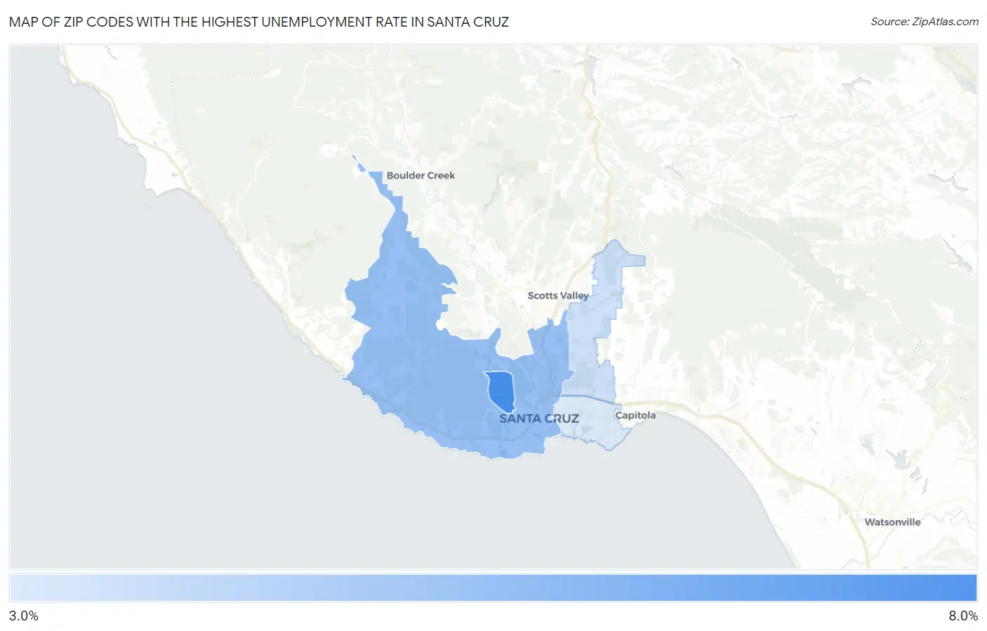 Zip Codes with the Highest Unemployment Rate in Santa Cruz Map