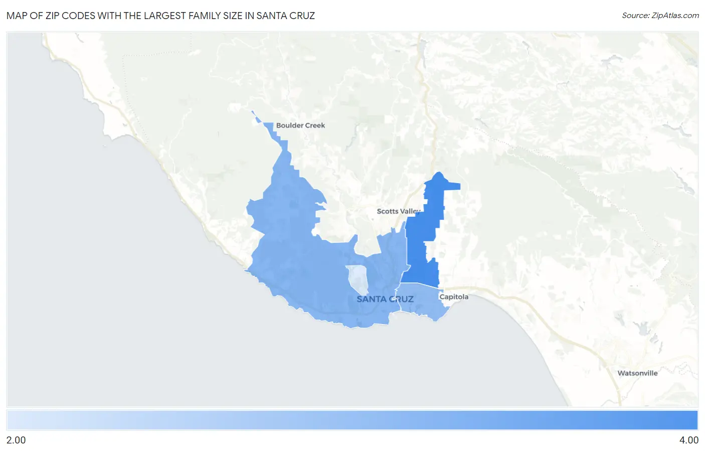 Zip Codes with the Largest Family Size in Santa Cruz Map