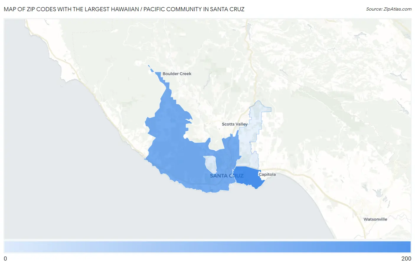 Zip Codes with the Largest Hawaiian / Pacific Community in Santa Cruz Map