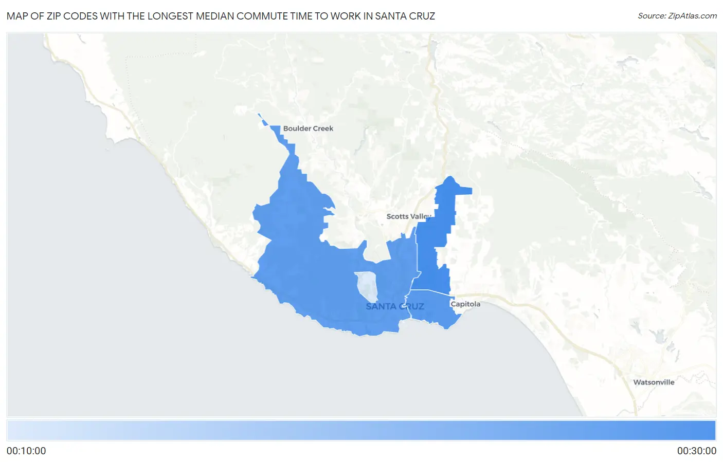 Zip Codes with the Longest Median Commute Time to Work in Santa Cruz Map