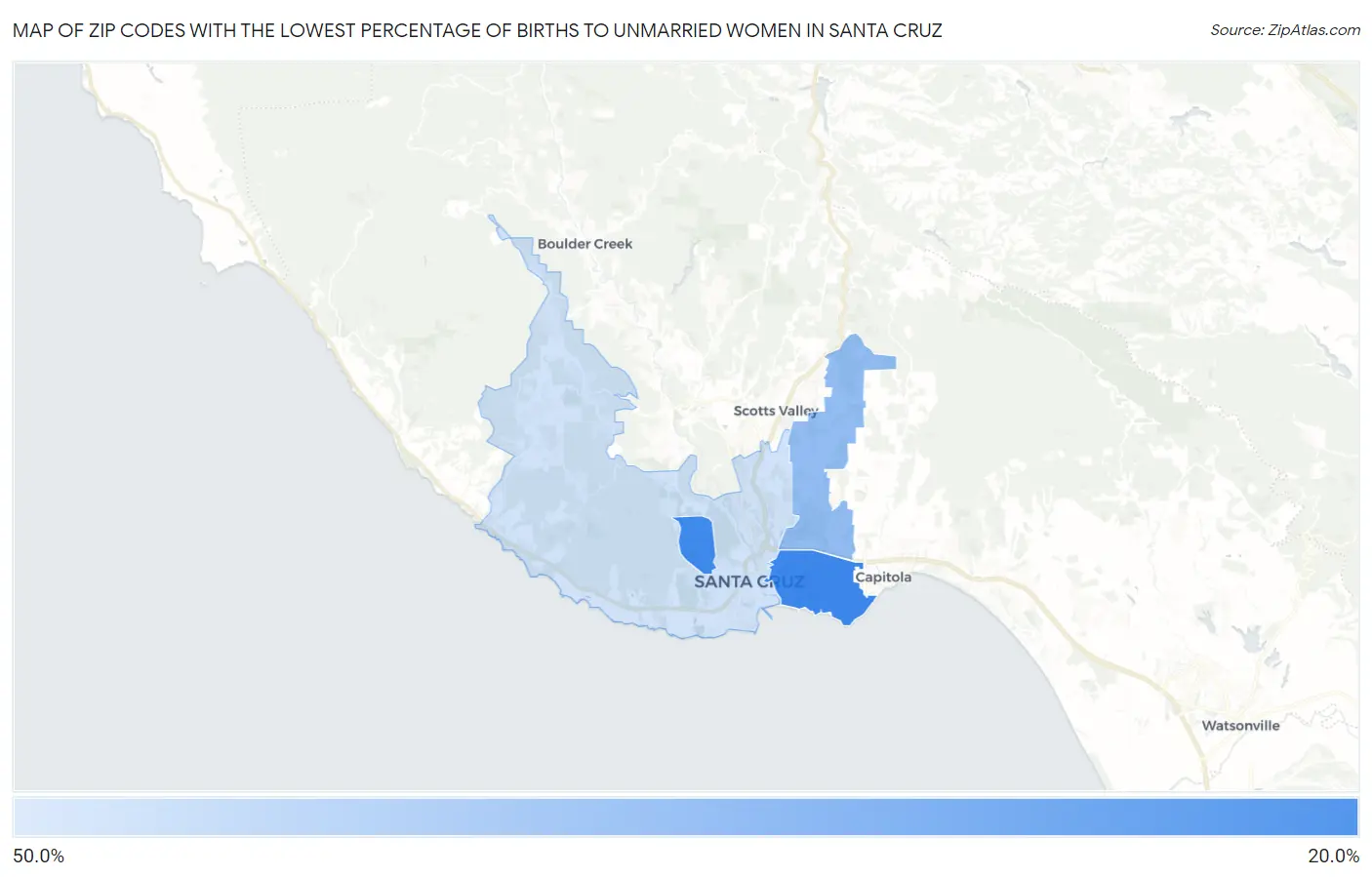 Zip Codes with the Lowest Percentage of Births to Unmarried Women in Santa Cruz Map