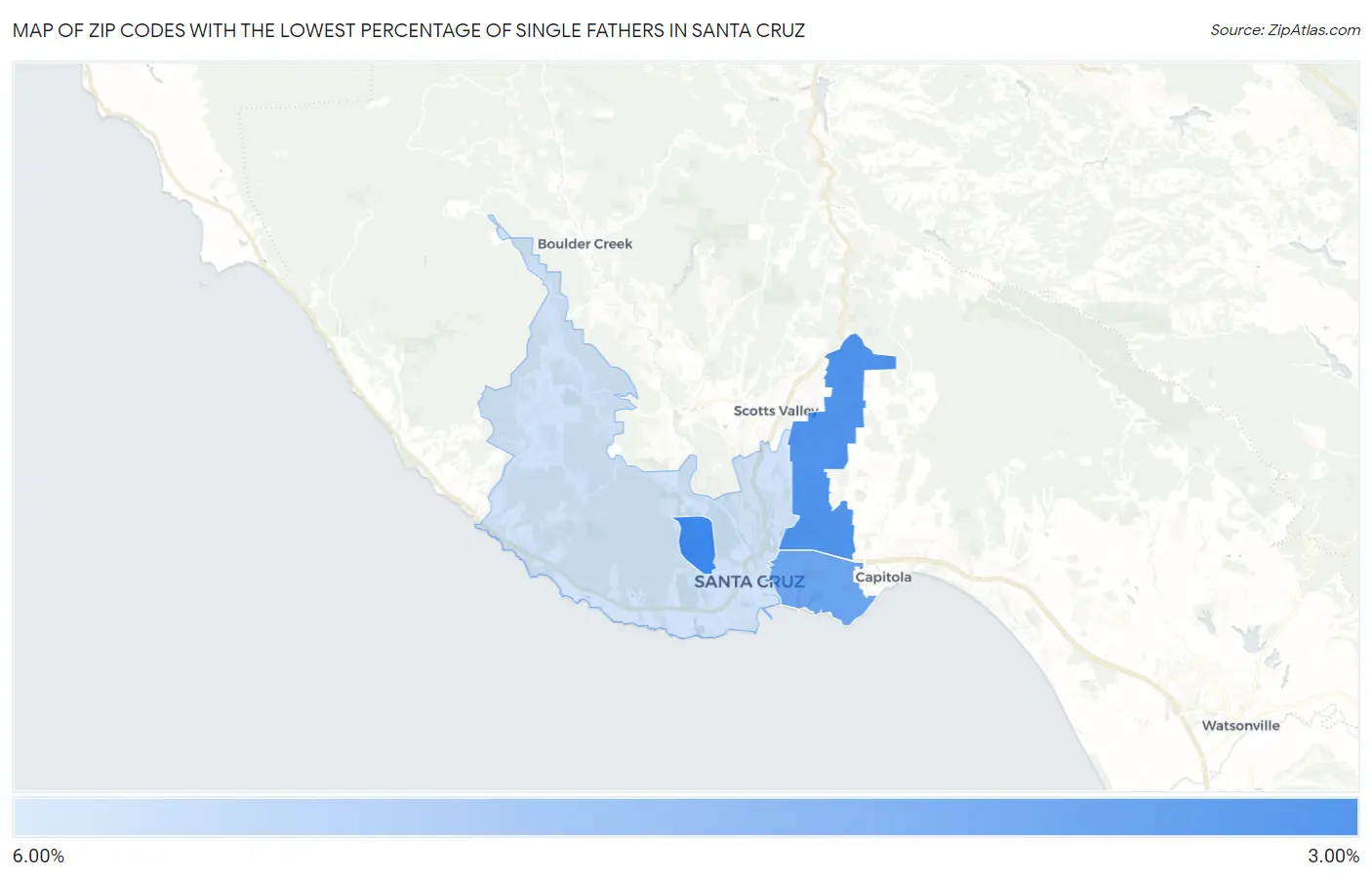 Zip Codes with the Lowest Percentage of Single Fathers in Santa Cruz Map
