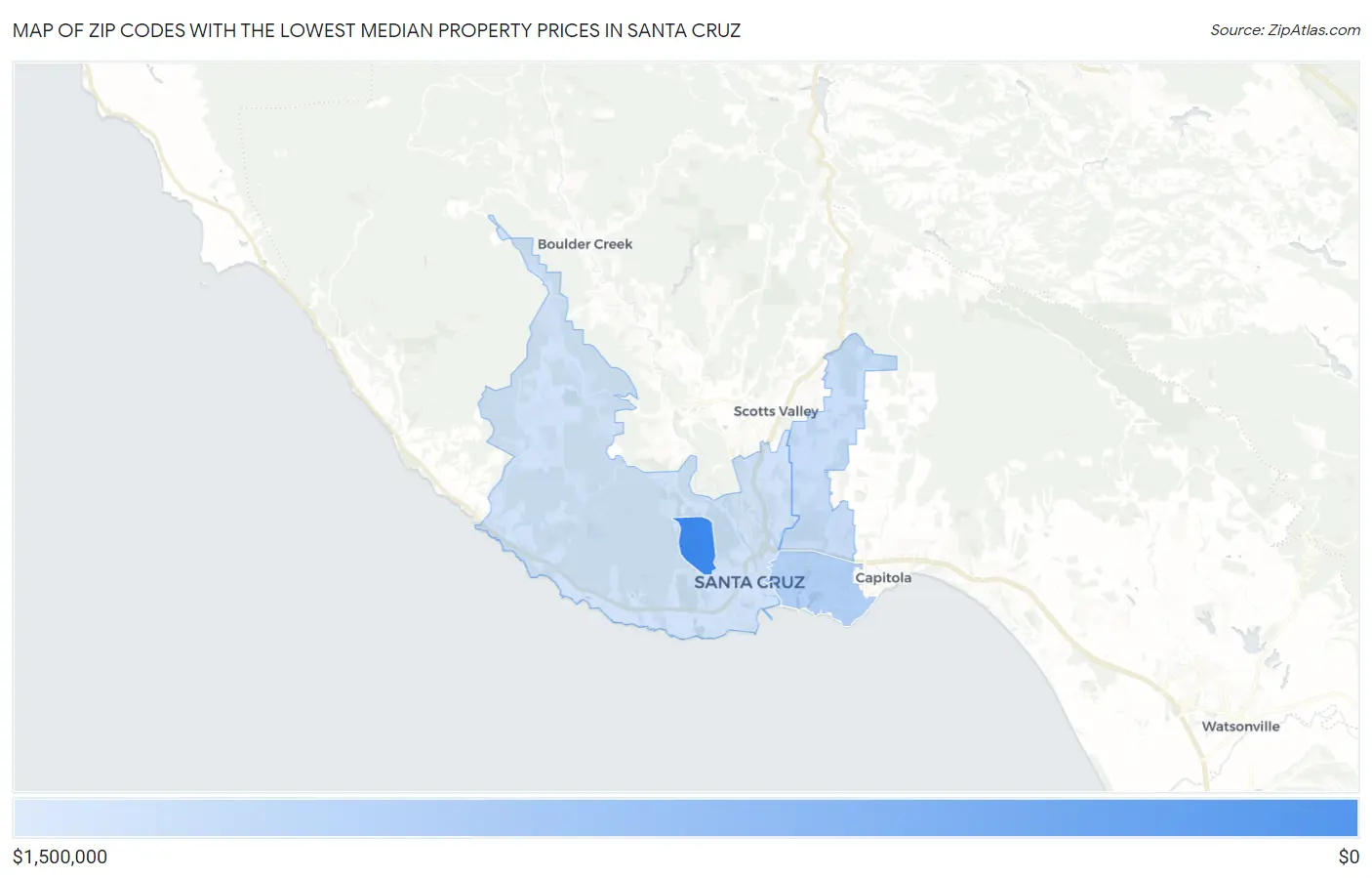 Zip Codes with the Lowest Median Property Prices in Santa Cruz Map