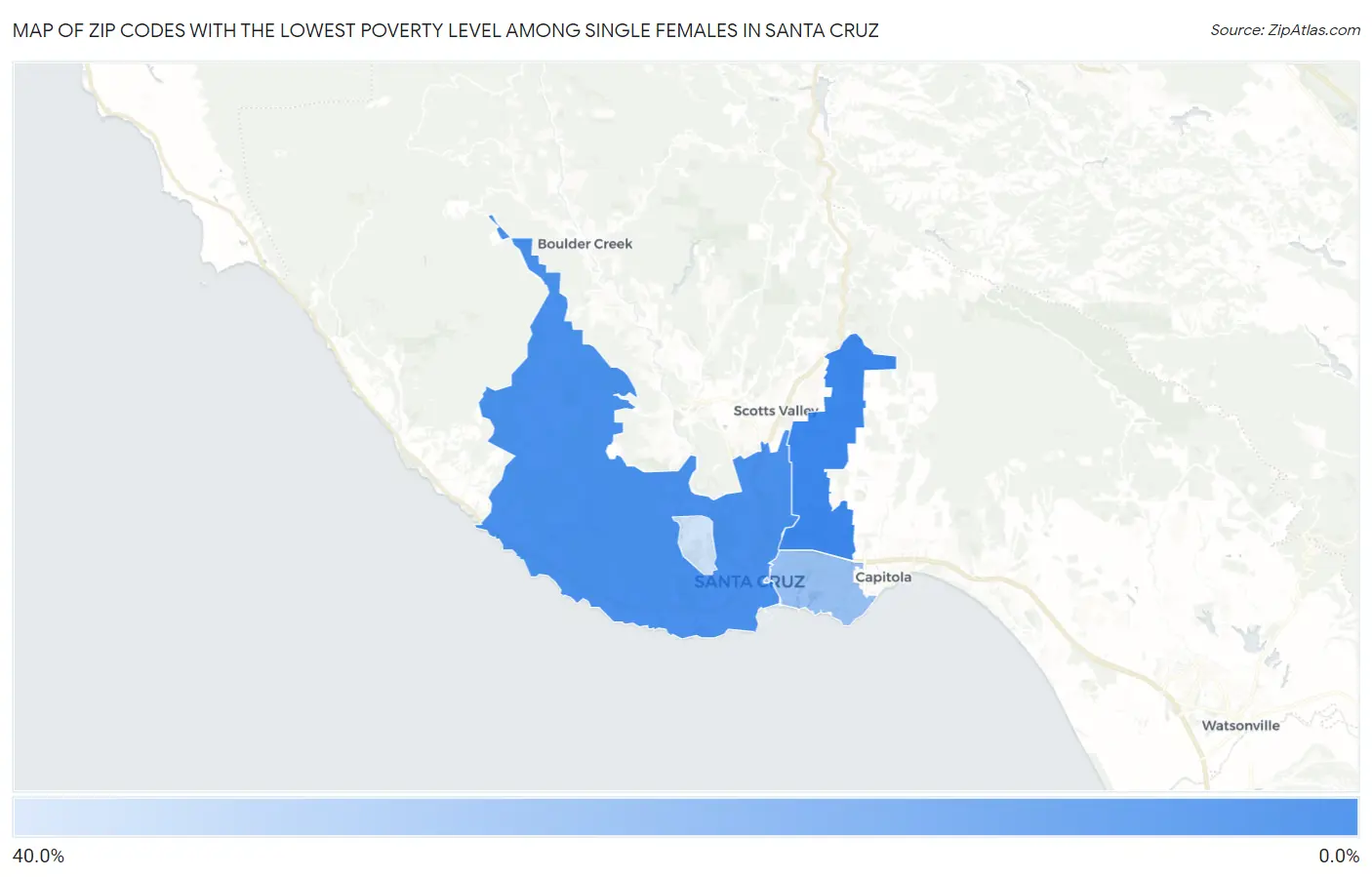 Zip Codes with the Lowest Poverty Level Among Single Females in Santa Cruz Map