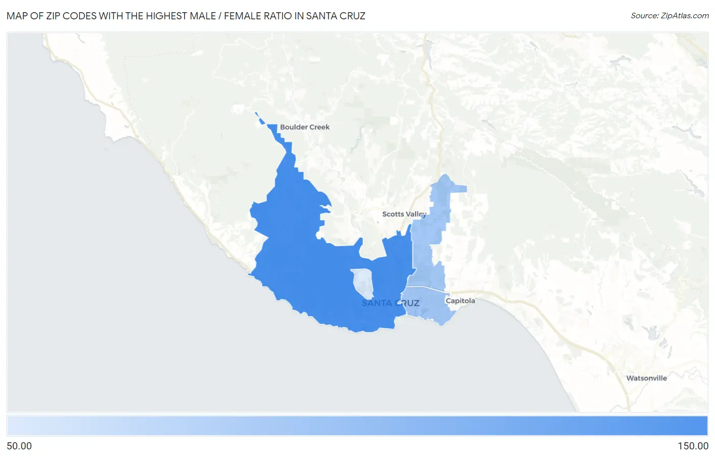 Zip Codes with the Highest Male / Female Ratio in Santa Cruz Map