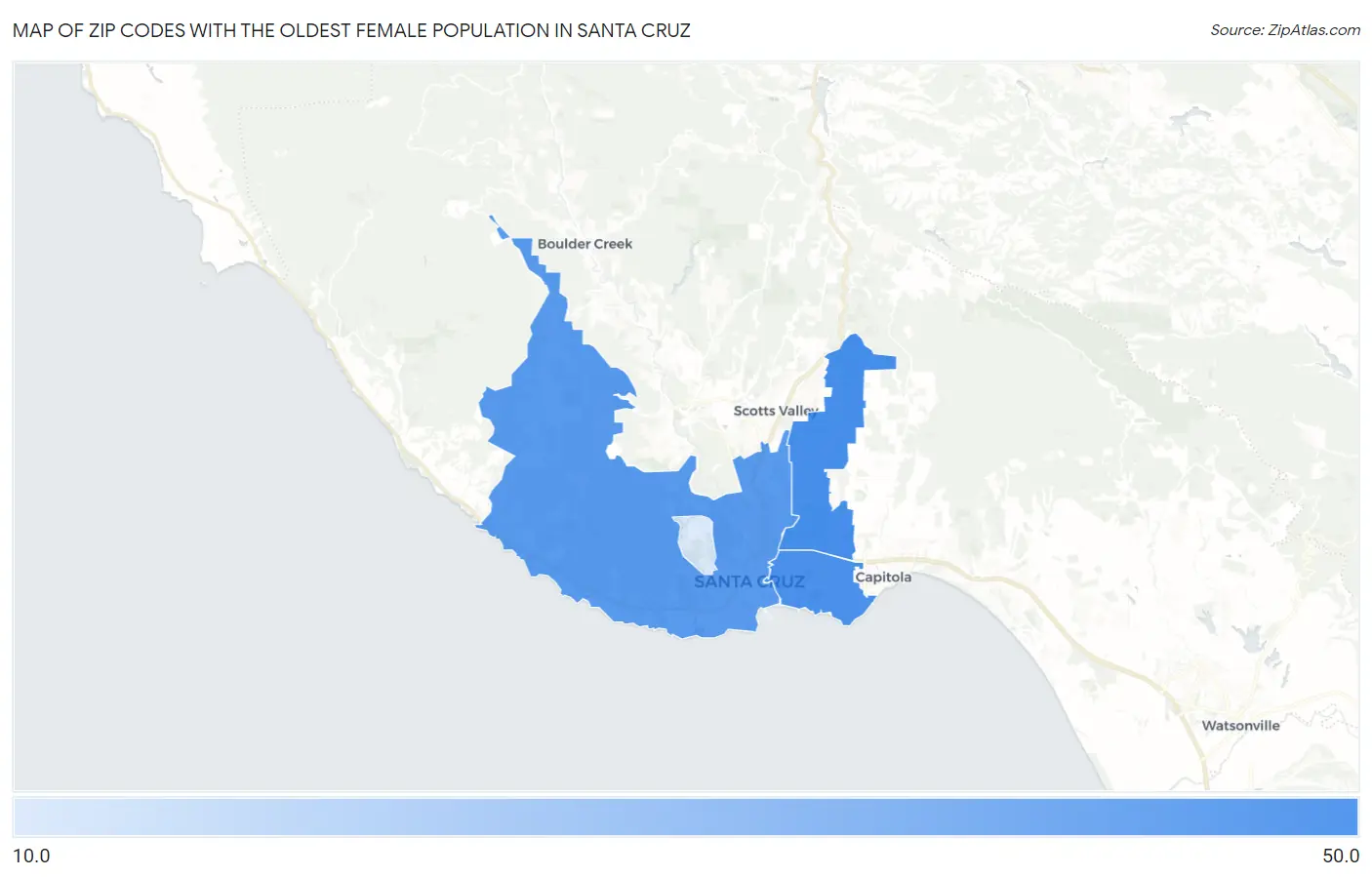 Zip Codes with the Oldest Female Population in Santa Cruz Map
