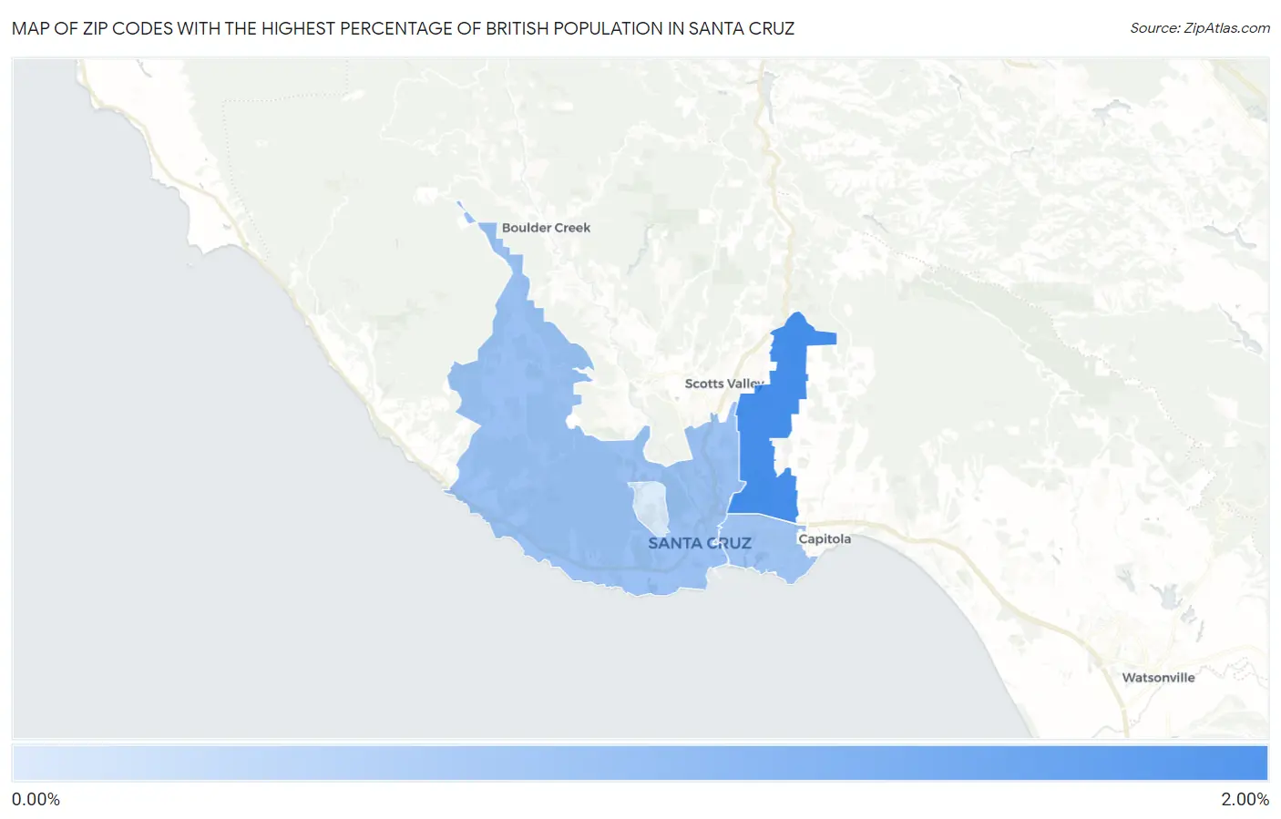 Zip Codes with the Highest Percentage of British Population in Santa Cruz Map