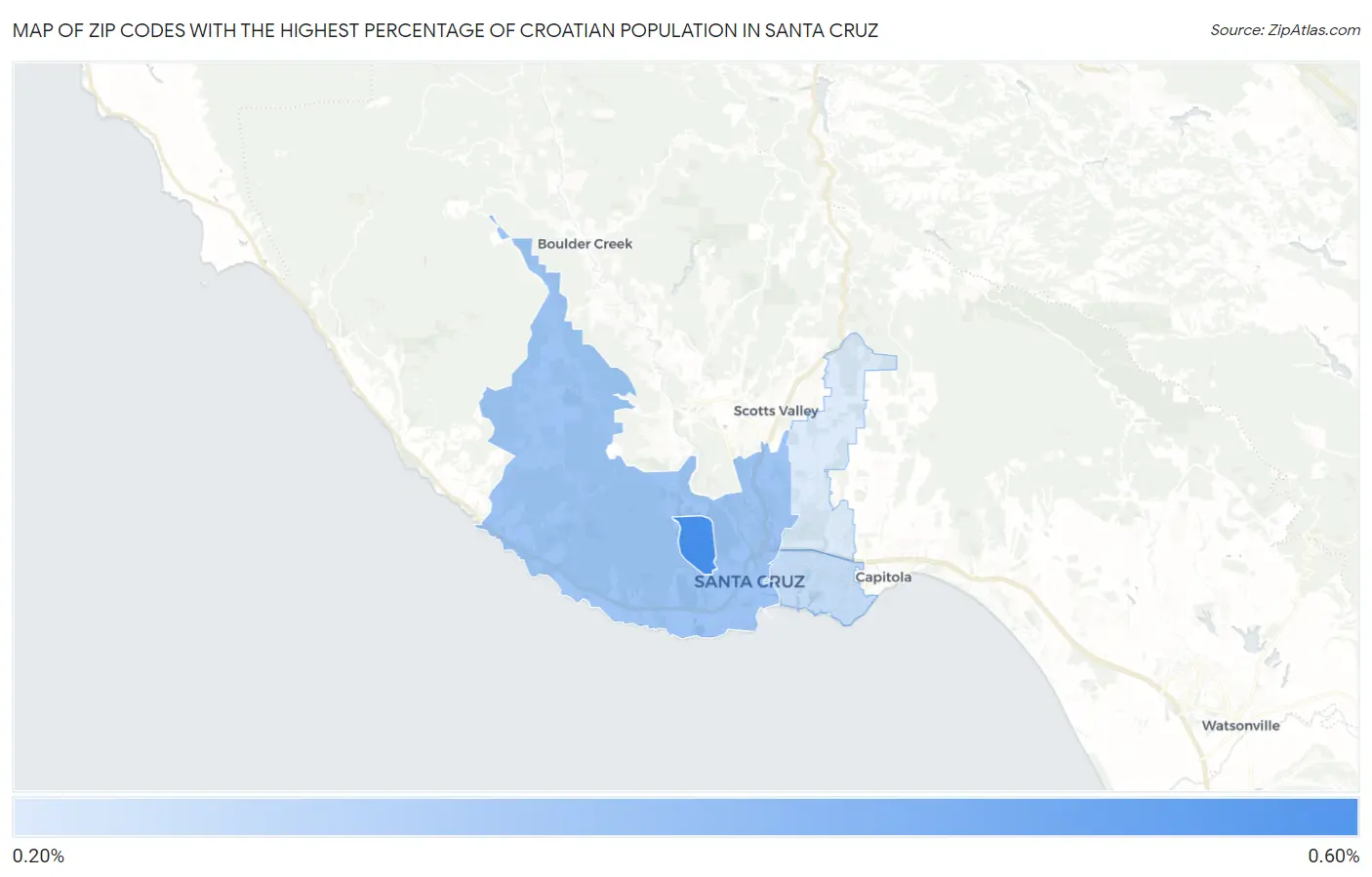 Zip Codes with the Highest Percentage of Croatian Population in Santa Cruz Map