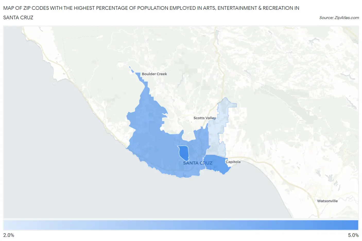 Zip Codes with the Highest Percentage of Population Employed in Arts, Entertainment & Recreation in Santa Cruz Map