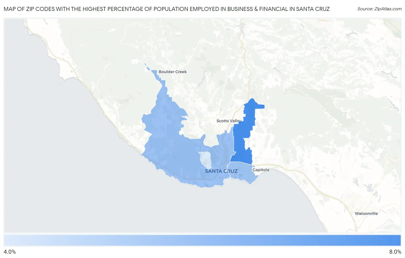 Zip Codes with the Highest Percentage of Population Employed in Business & Financial in Santa Cruz Map