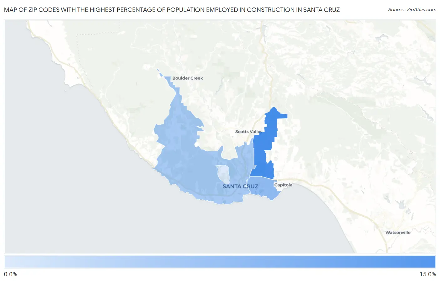 Zip Codes with the Highest Percentage of Population Employed in Construction in Santa Cruz Map