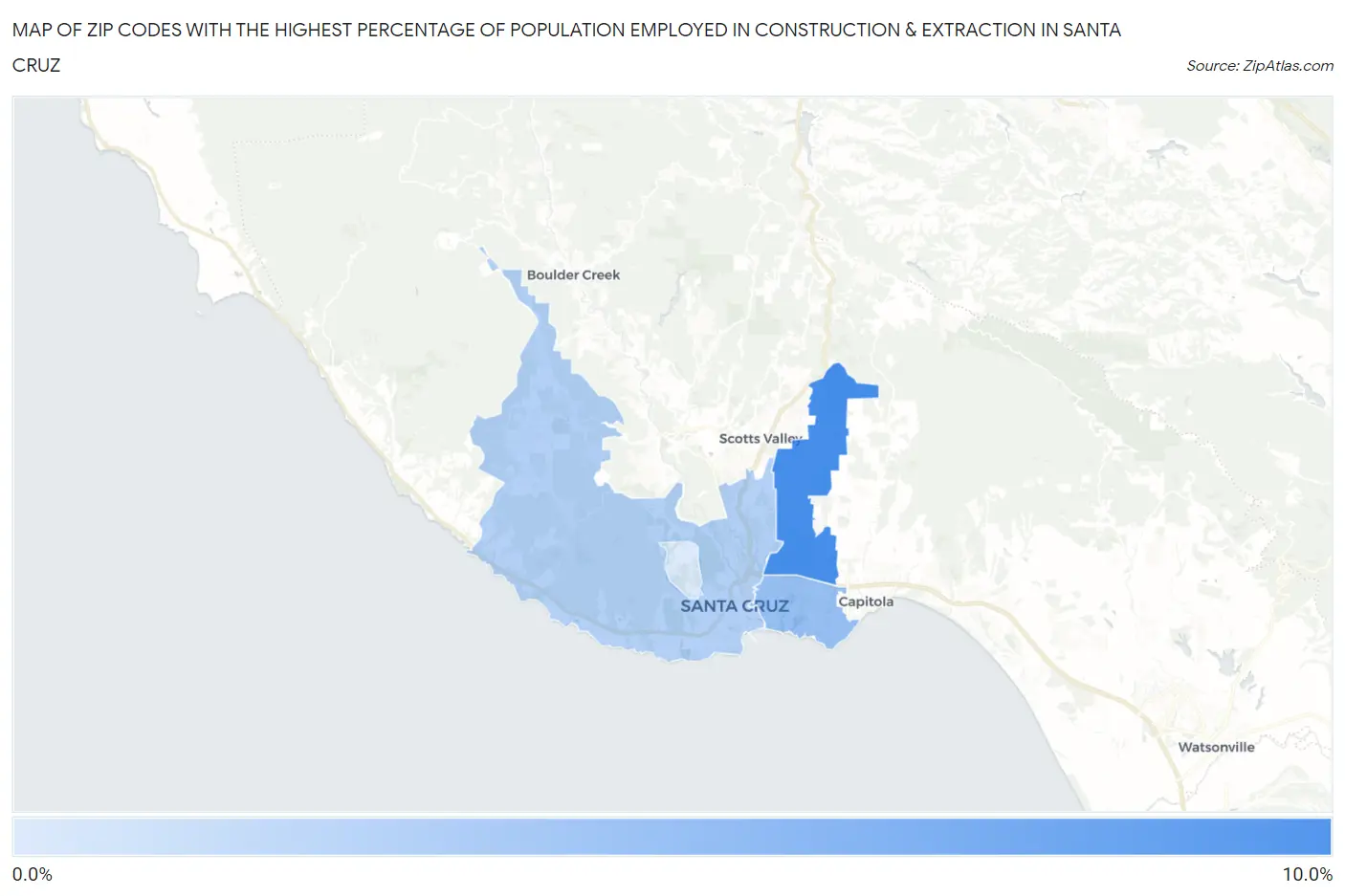 Zip Codes with the Highest Percentage of Population Employed in Construction & Extraction in Santa Cruz Map