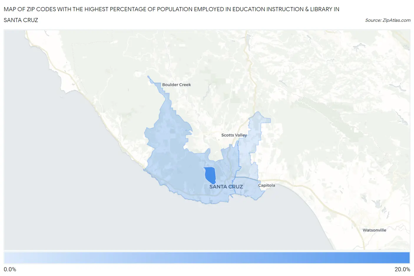 Zip Codes with the Highest Percentage of Population Employed in Education Instruction & Library in Santa Cruz Map