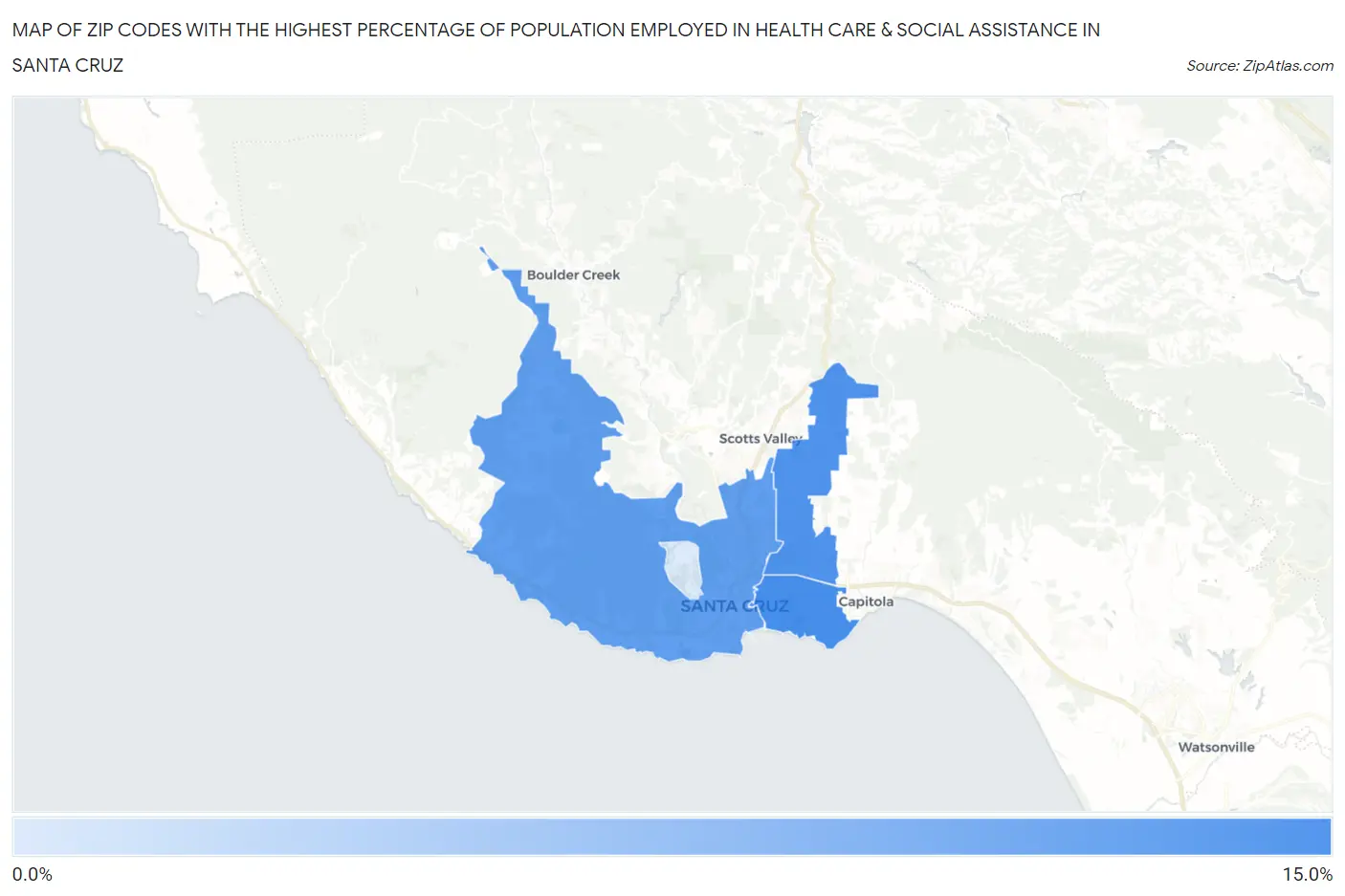 Zip Codes with the Highest Percentage of Population Employed in Health Care & Social Assistance in Santa Cruz Map