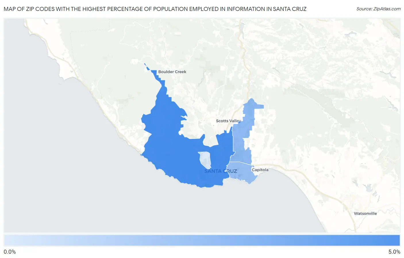 Zip Codes with the Highest Percentage of Population Employed in Information in Santa Cruz Map