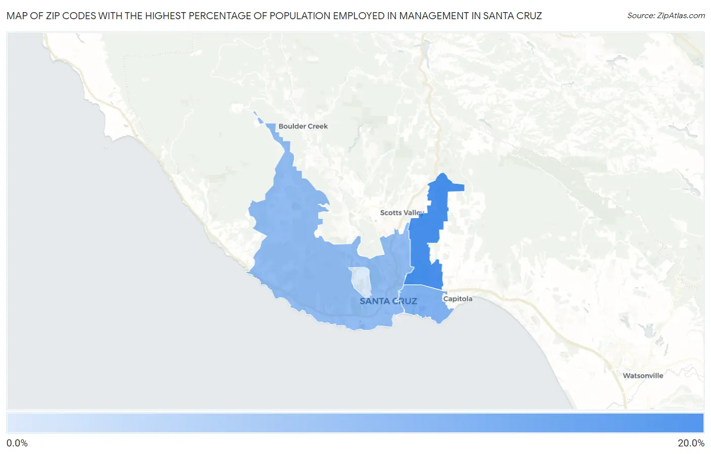 Zip Codes with the Highest Percentage of Population Employed in Management in Santa Cruz Map