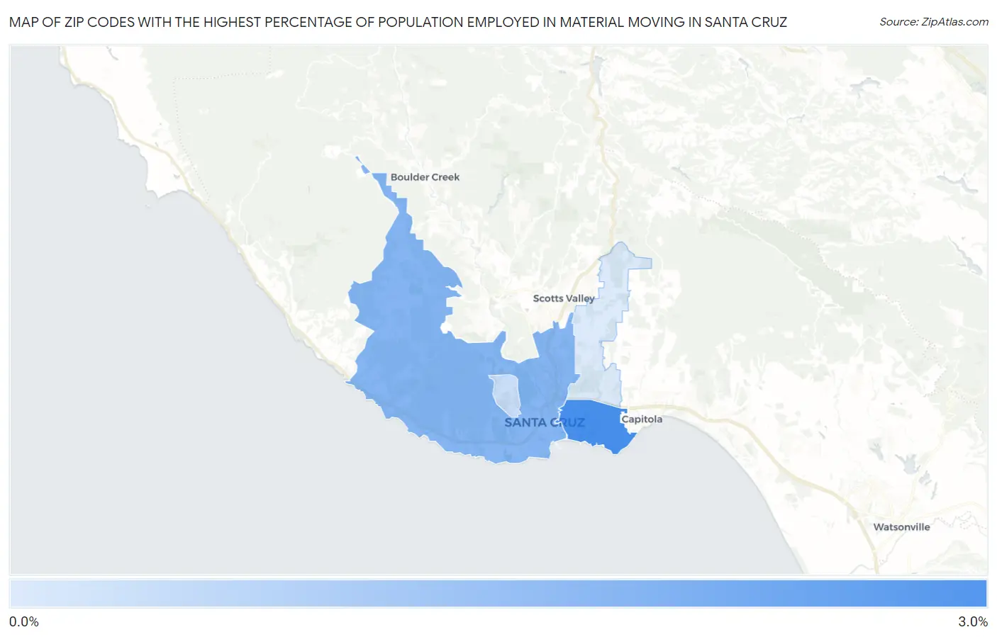 Zip Codes with the Highest Percentage of Population Employed in Material Moving in Santa Cruz Map