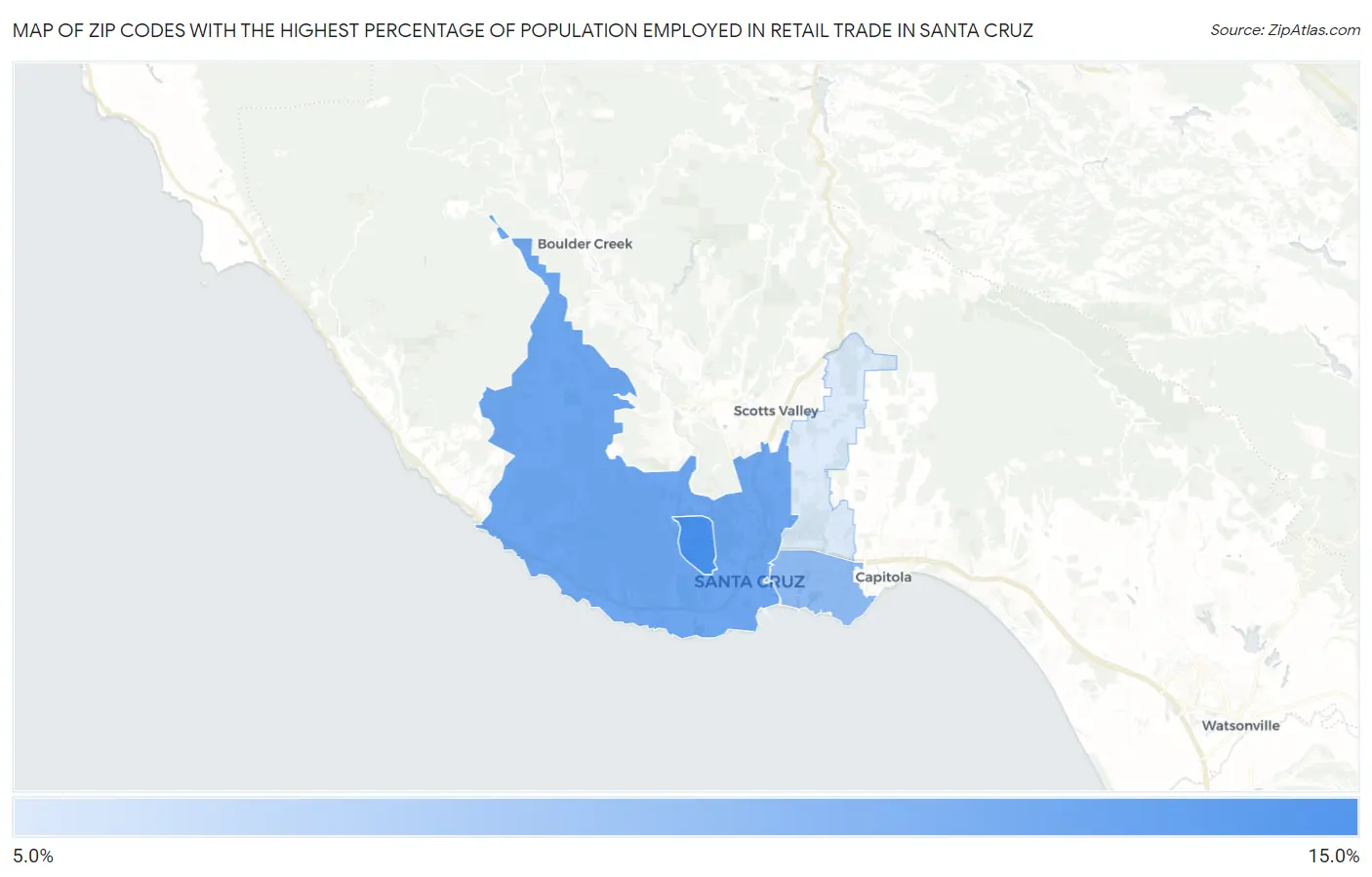 Zip Codes with the Highest Percentage of Population Employed in Retail Trade in Santa Cruz Map