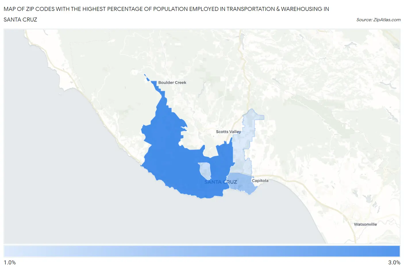 Zip Codes with the Highest Percentage of Population Employed in Transportation & Warehousing in Santa Cruz Map