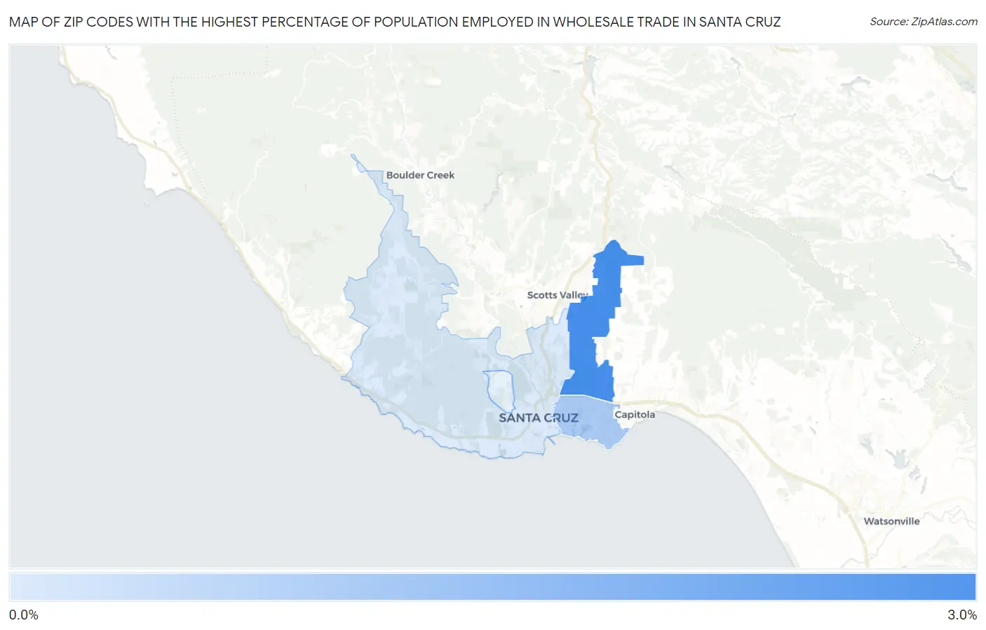 Zip Codes with the Highest Percentage of Population Employed in Wholesale Trade in Santa Cruz Map