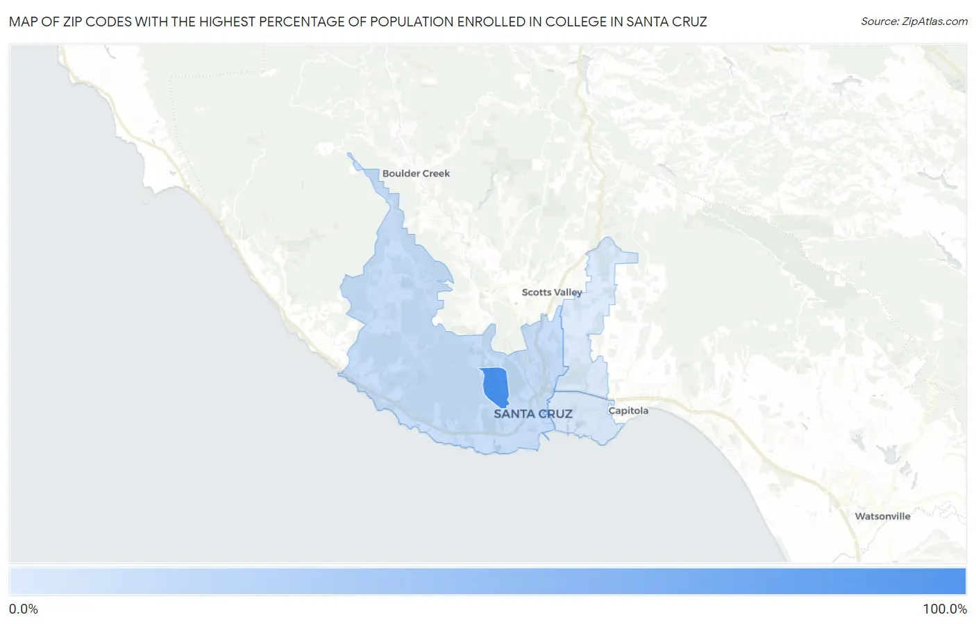 Zip Codes with the Highest Percentage of Population Enrolled in College in Santa Cruz Map