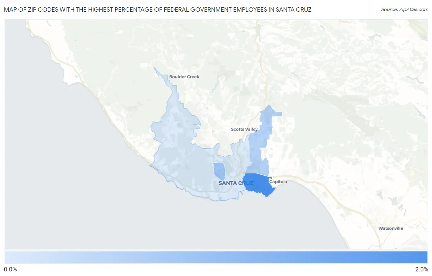 Zip Codes with the Highest Percentage of Federal Government Employees in Santa Cruz Map