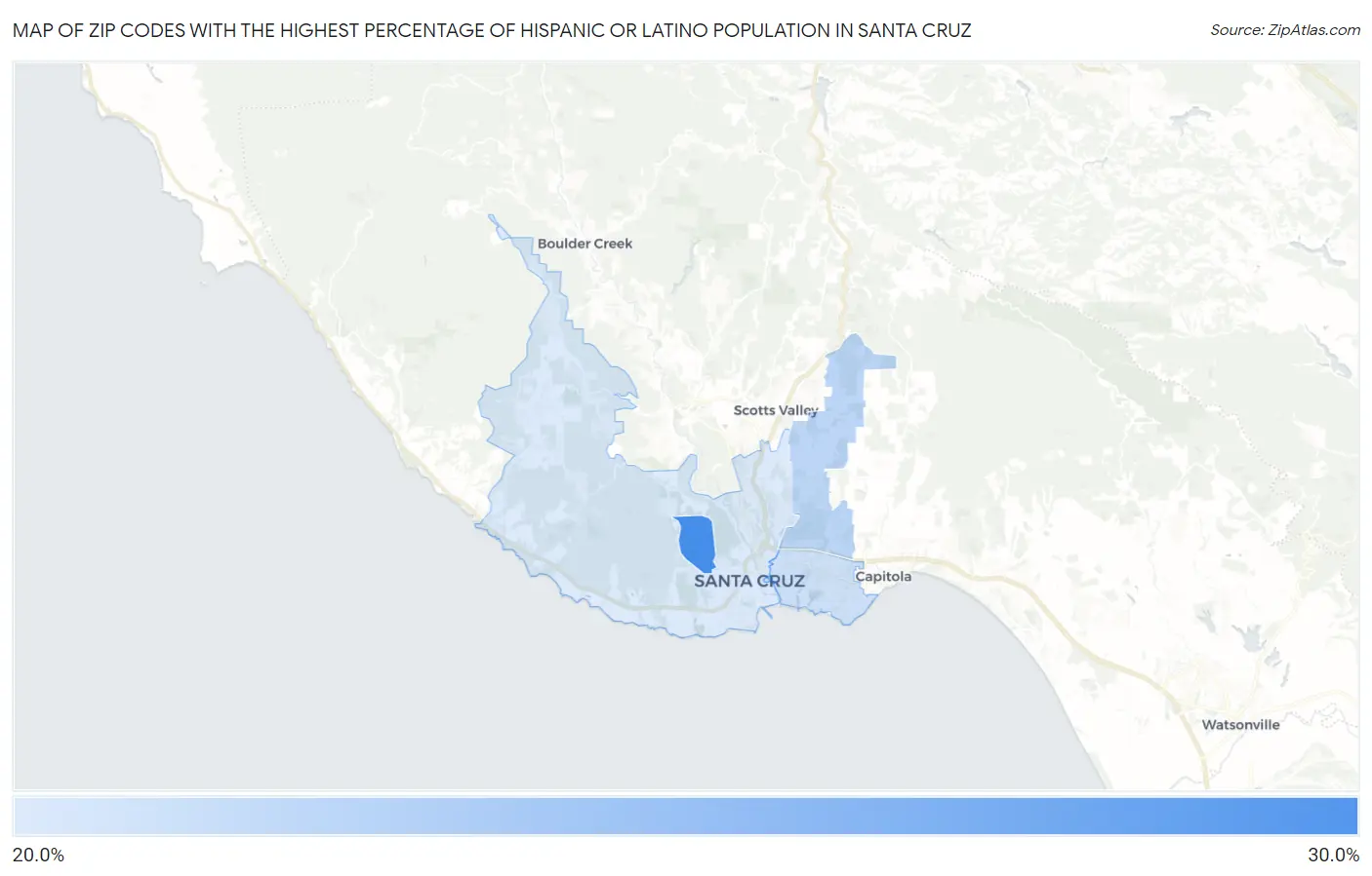 Zip Codes with the Highest Percentage of Hispanic or Latino Population in Santa Cruz Map