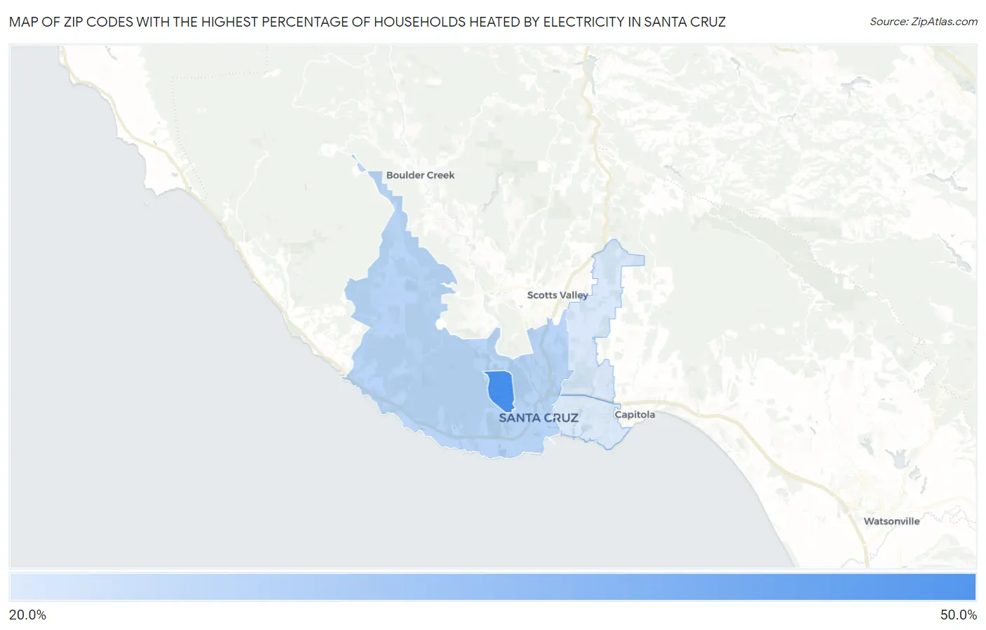 Zip Codes with the Highest Percentage of Households Heated by Electricity in Santa Cruz Map