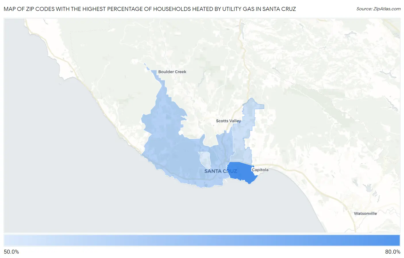 Zip Codes with the Highest Percentage of Households Heated by Utility Gas in Santa Cruz Map