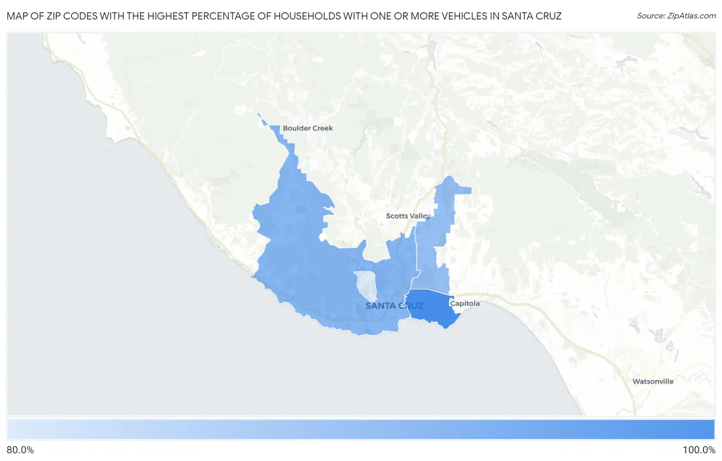 Zip Codes with the Highest Percentage of Households With One or more Vehicles in Santa Cruz Map