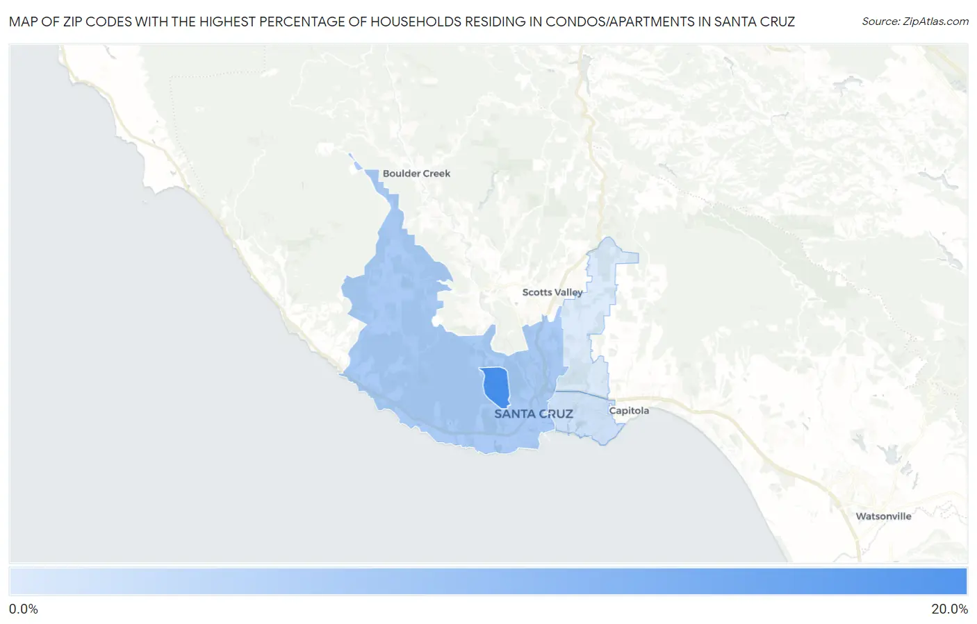 Zip Codes with the Highest Percentage of Households Residing in Condos/Apartments in Santa Cruz Map