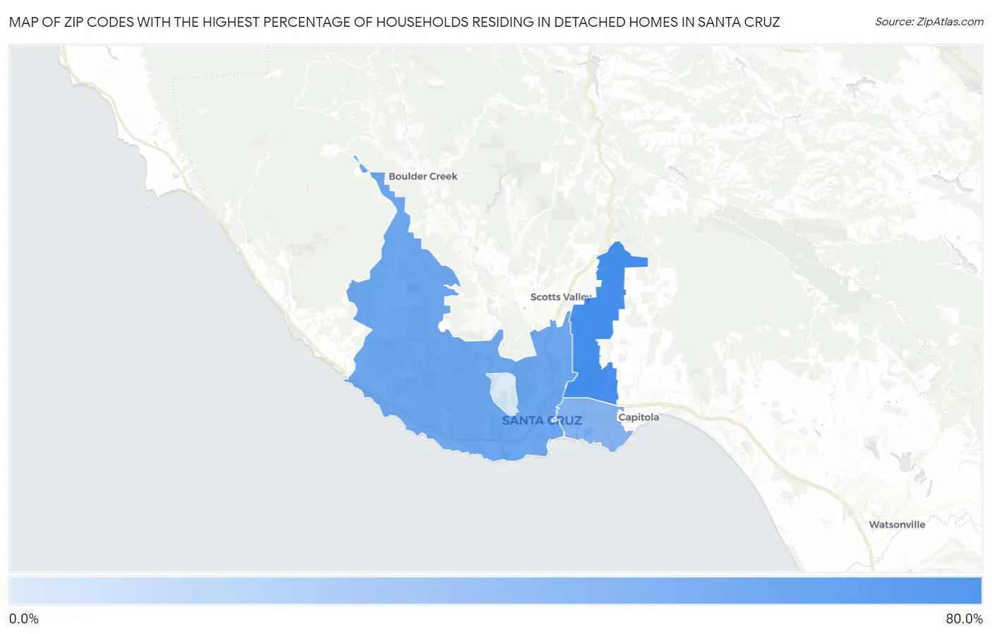 Zip Codes with the Highest Percentage of Households Residing in Detached Homes in Santa Cruz Map