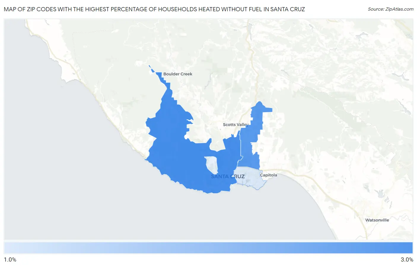 Zip Codes with the Highest Percentage of Households Heated without Fuel in Santa Cruz Map