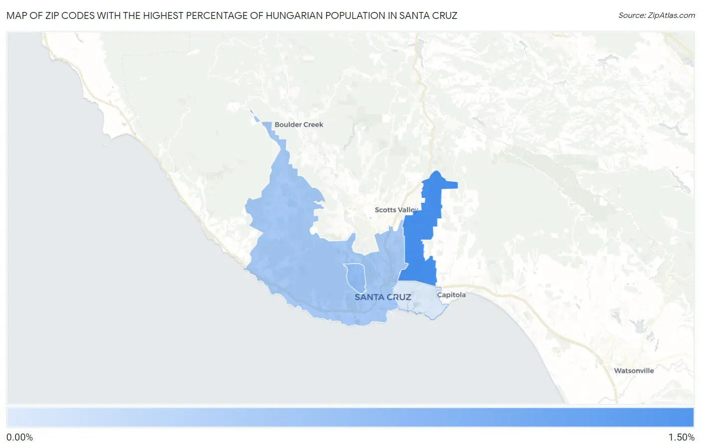 Zip Codes with the Highest Percentage of Hungarian Population in Santa Cruz Map