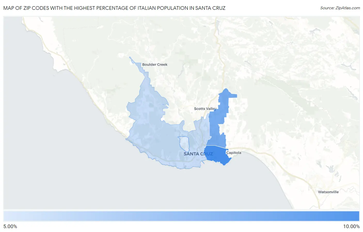 Zip Codes with the Highest Percentage of Italian Population in Santa Cruz Map