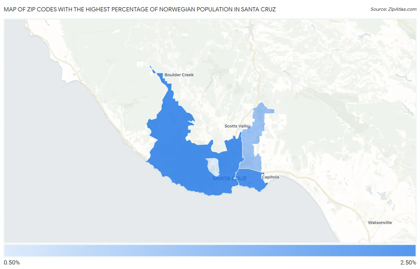 Zip Codes with the Highest Percentage of Norwegian Population in Santa Cruz Map
