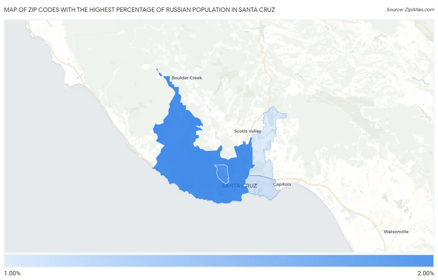 Zip Codes with the Highest Percentage of Russian Population in Santa Cruz Map