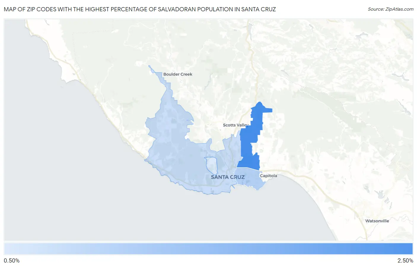 Zip Codes with the Highest Percentage of Salvadoran Population in Santa Cruz Map