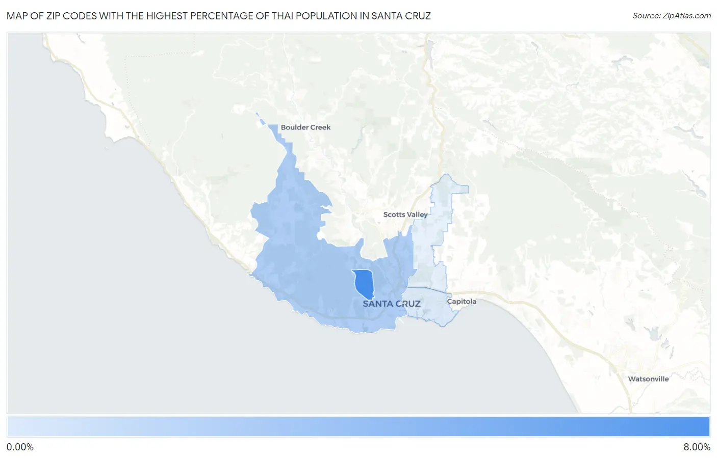 Zip Codes with the Highest Percentage of Thai Population in Santa Cruz Map