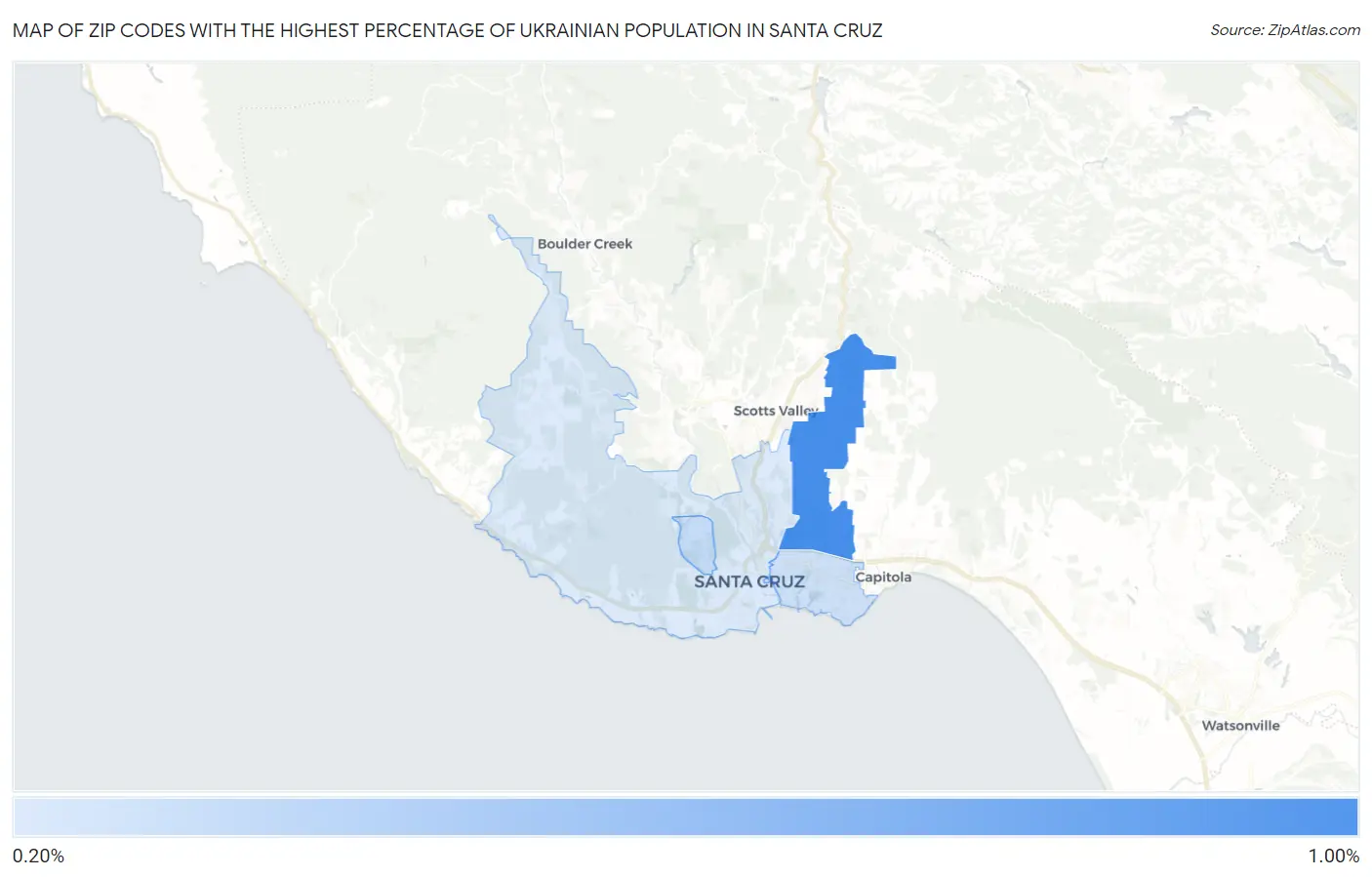 Zip Codes with the Highest Percentage of Ukrainian Population in Santa Cruz Map