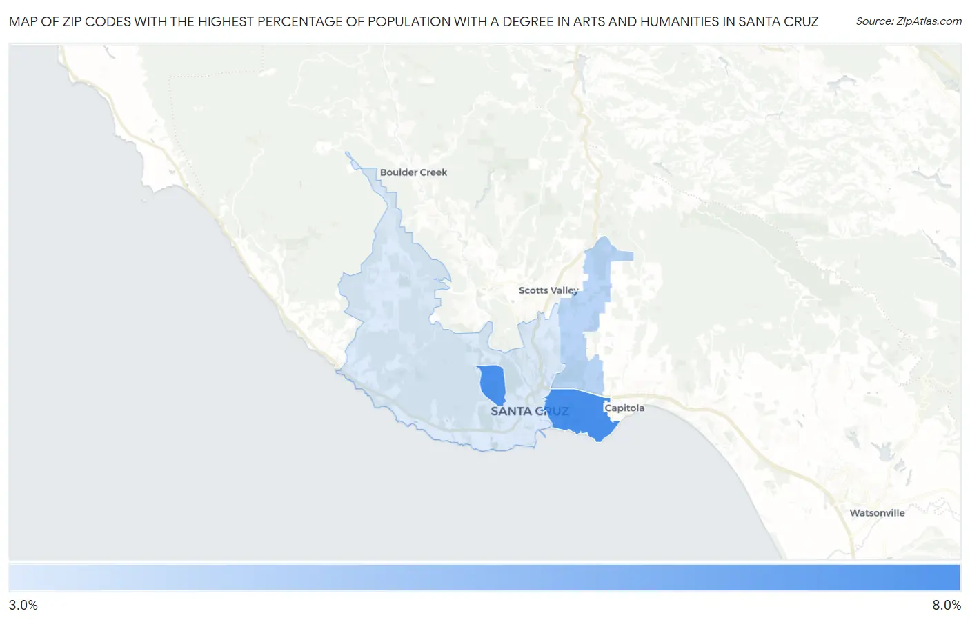 Zip Codes with the Highest Percentage of Population with a Degree in Arts and Humanities in Santa Cruz Map