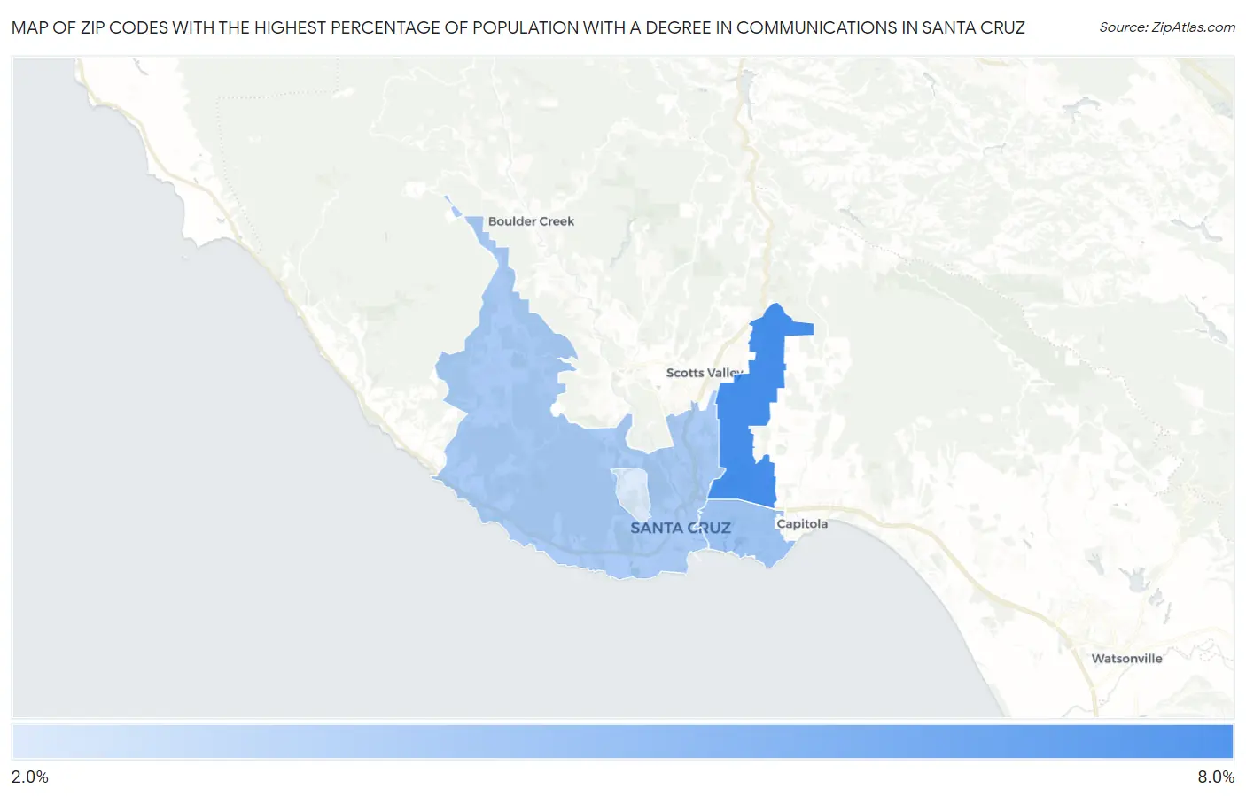 Zip Codes with the Highest Percentage of Population with a Degree in Communications in Santa Cruz Map