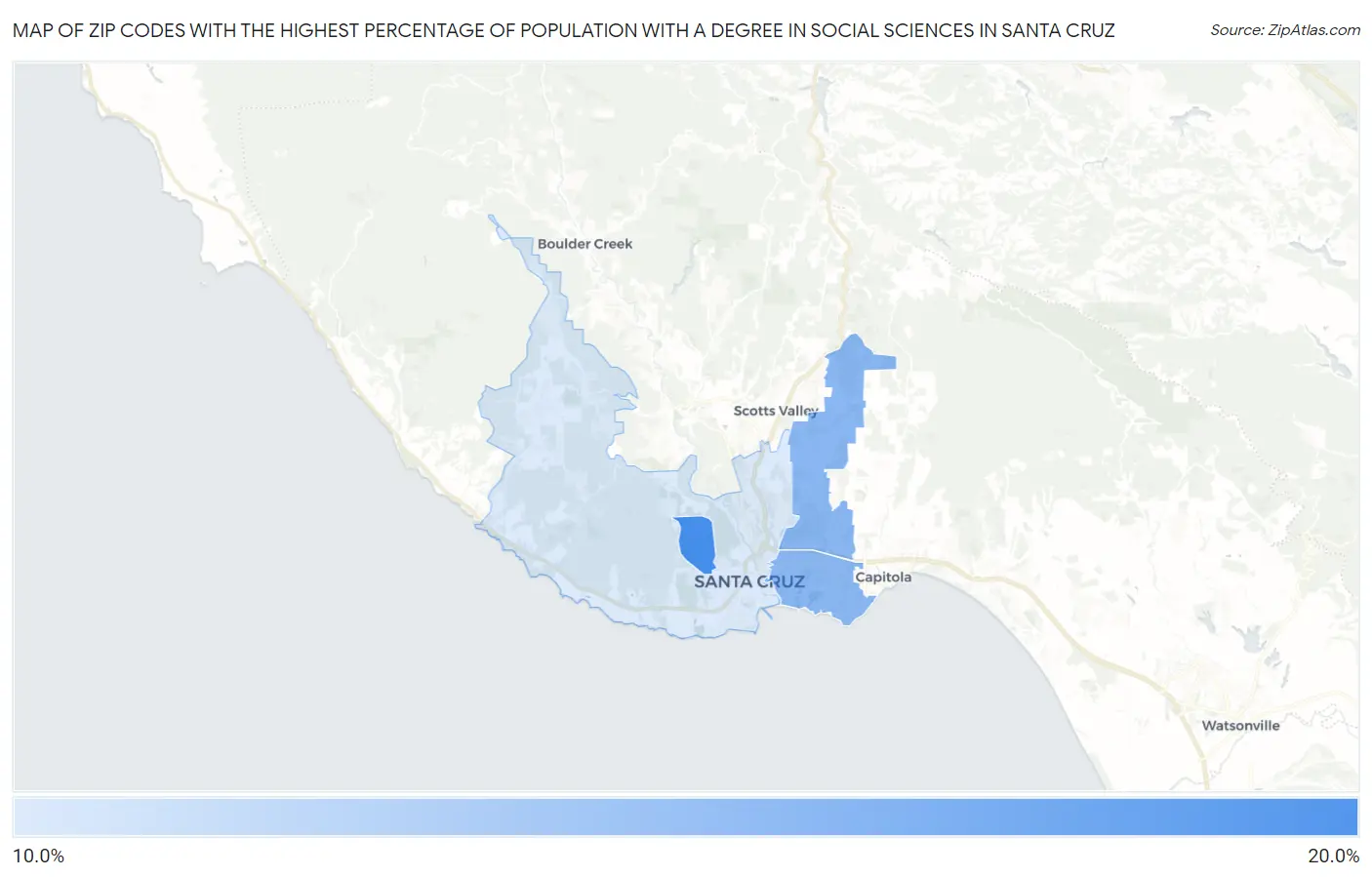 Zip Codes with the Highest Percentage of Population with a Degree in Social Sciences in Santa Cruz Map