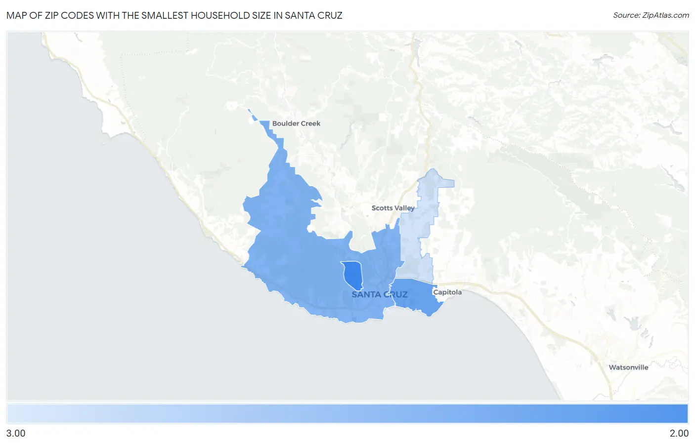 Zip Codes with the Smallest Household Size in Santa Cruz Map