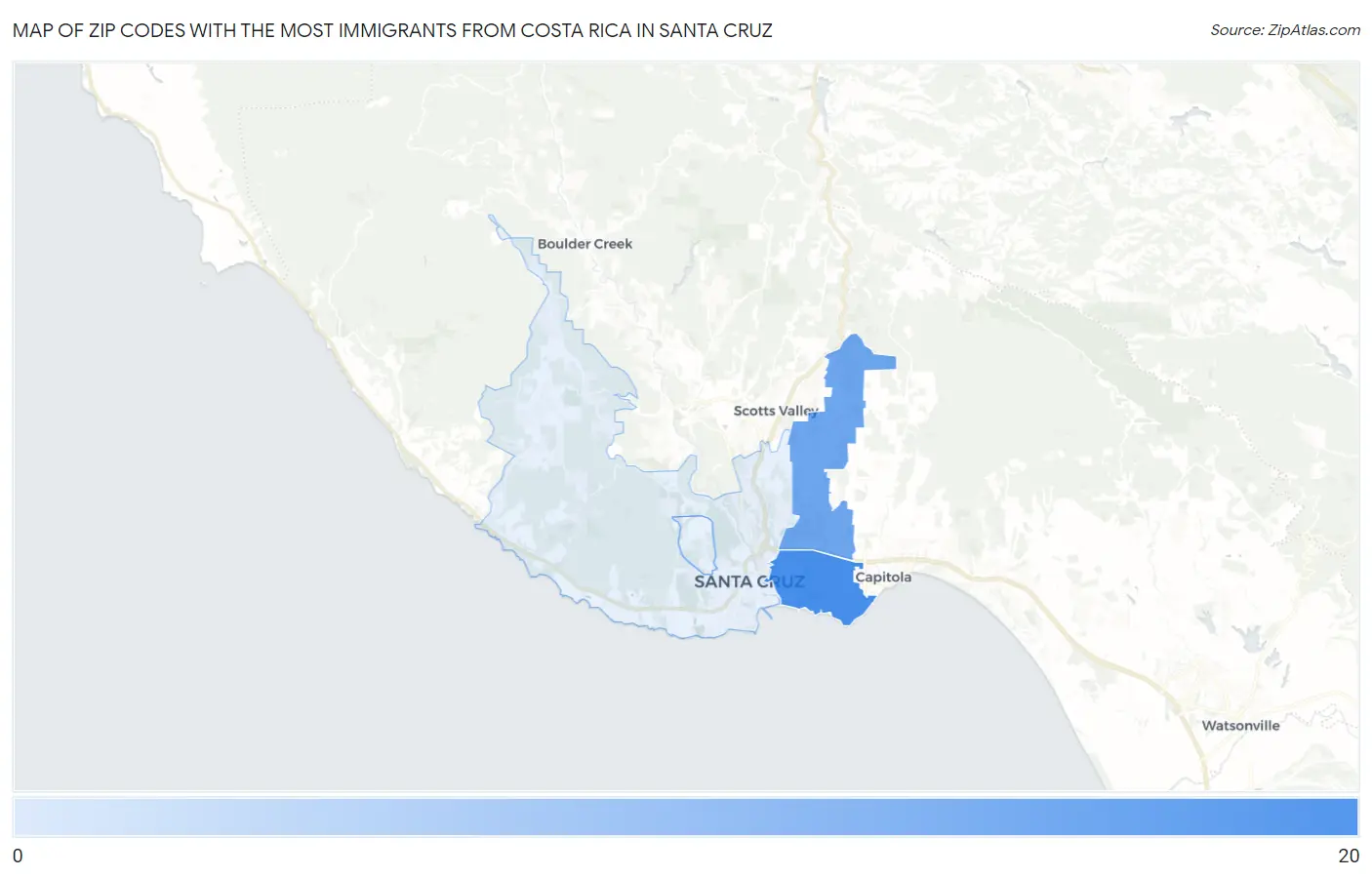 Zip Codes with the Most Immigrants from Costa Rica in Santa Cruz Map