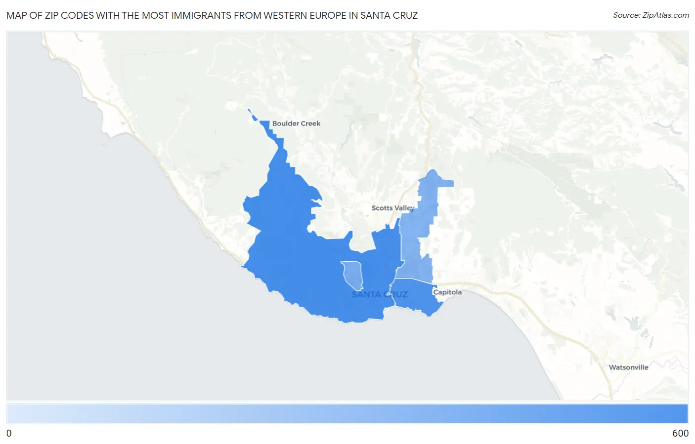 Zip Codes with the Most Immigrants from Western Europe in Santa Cruz Map