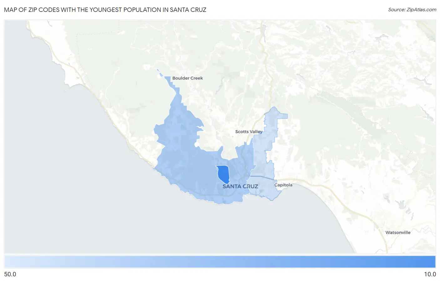 Zip Codes with the Youngest Population in Santa Cruz Map
