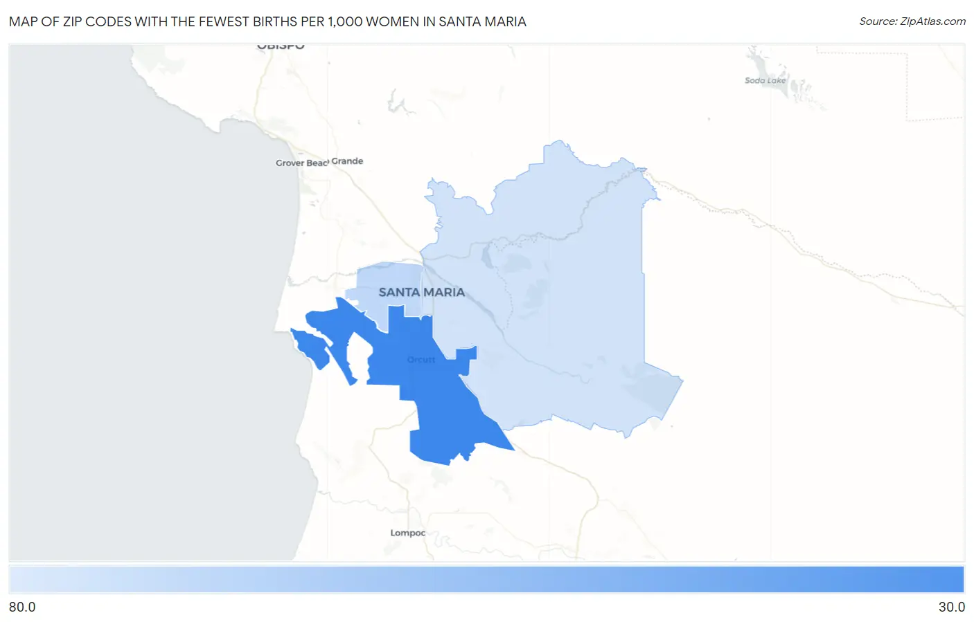 Zip Codes with the Fewest Births per 1,000 Women in Santa Maria Map